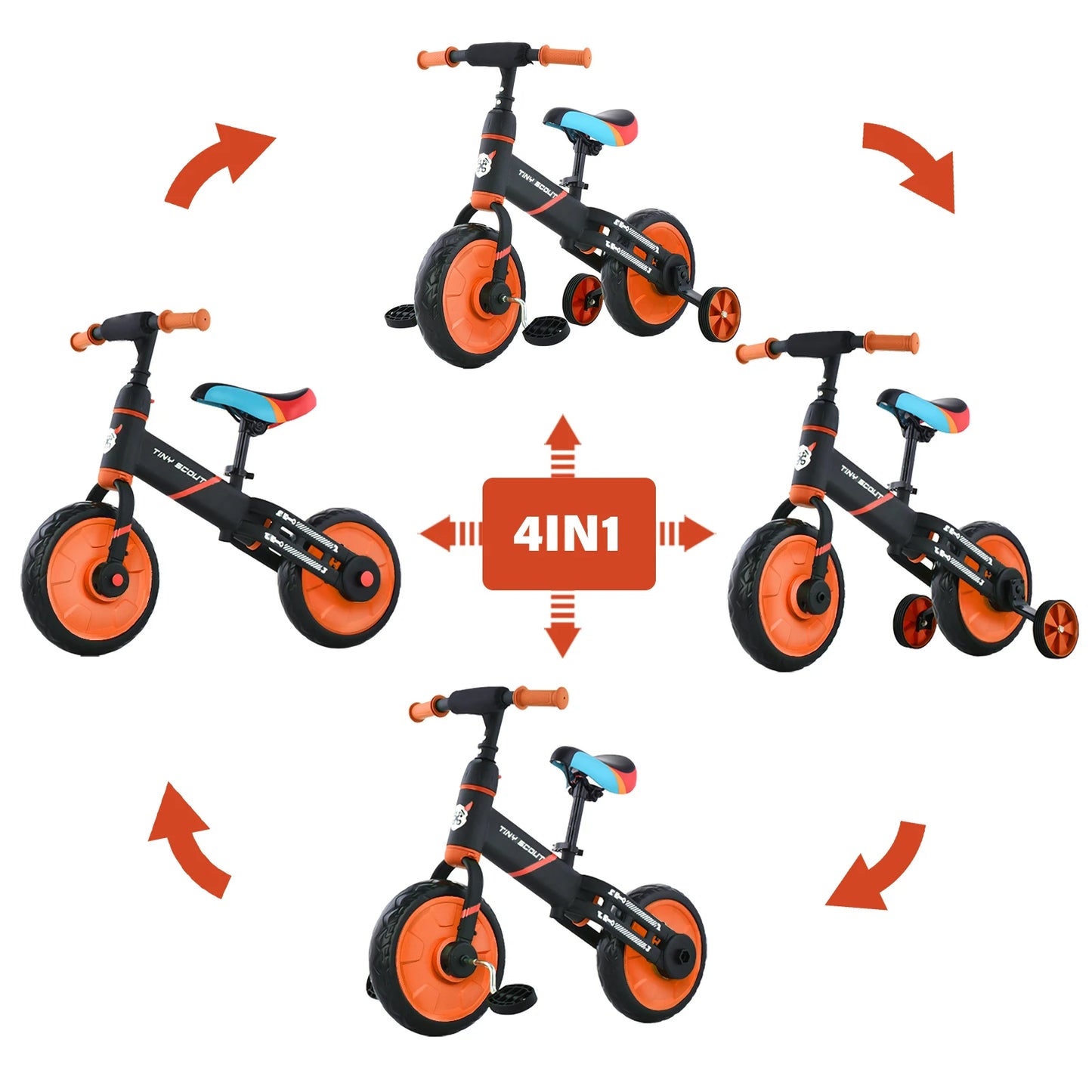 4-in-1 Balance Bike – Tiny Scout with Adjustable Seat, Pedals & Training Wheels - (3 to 5 Years)