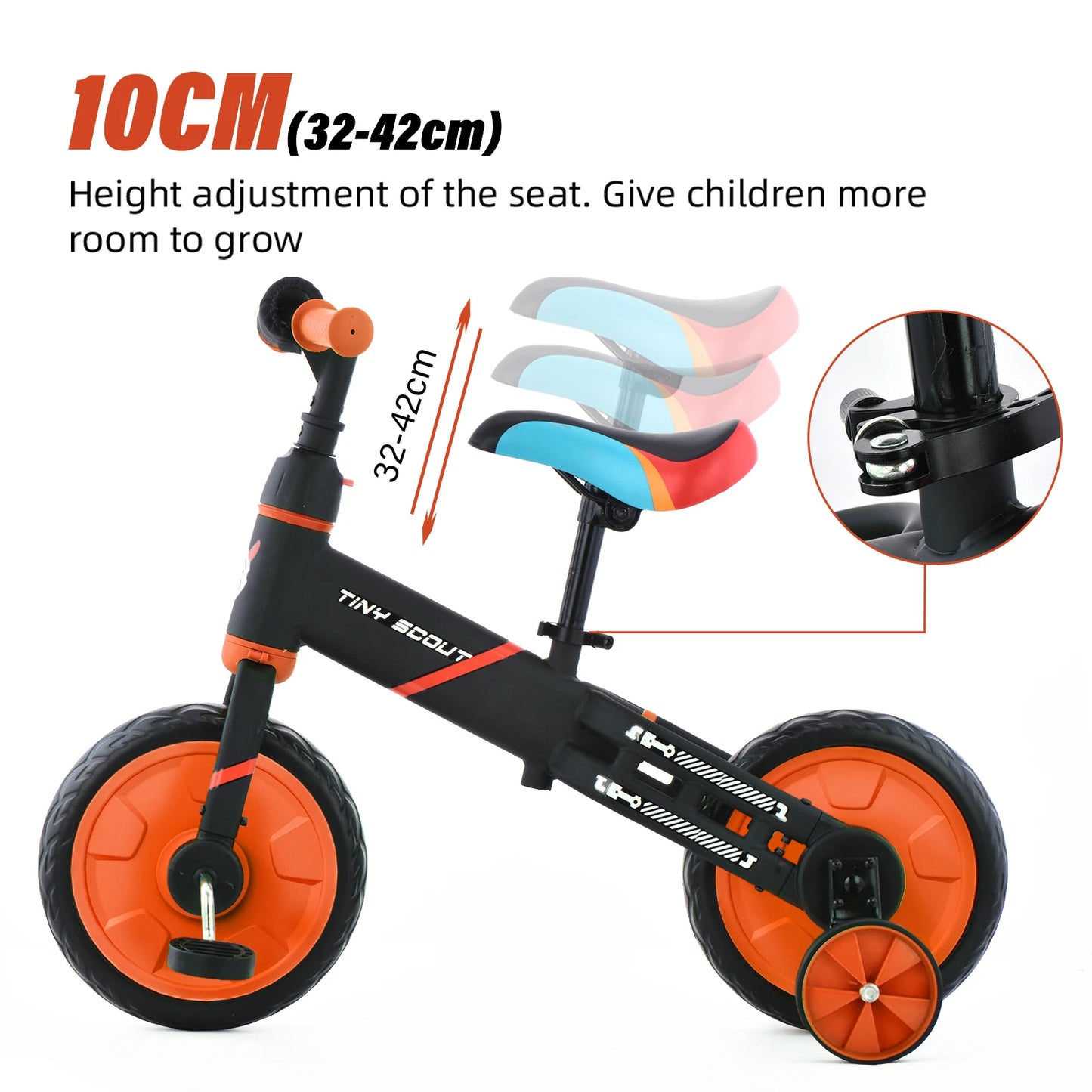 4-in-1 Balance Bike – Tiny Scout with Adjustable Seat, Pedals & Training Wheels - (3 to 5 Years)