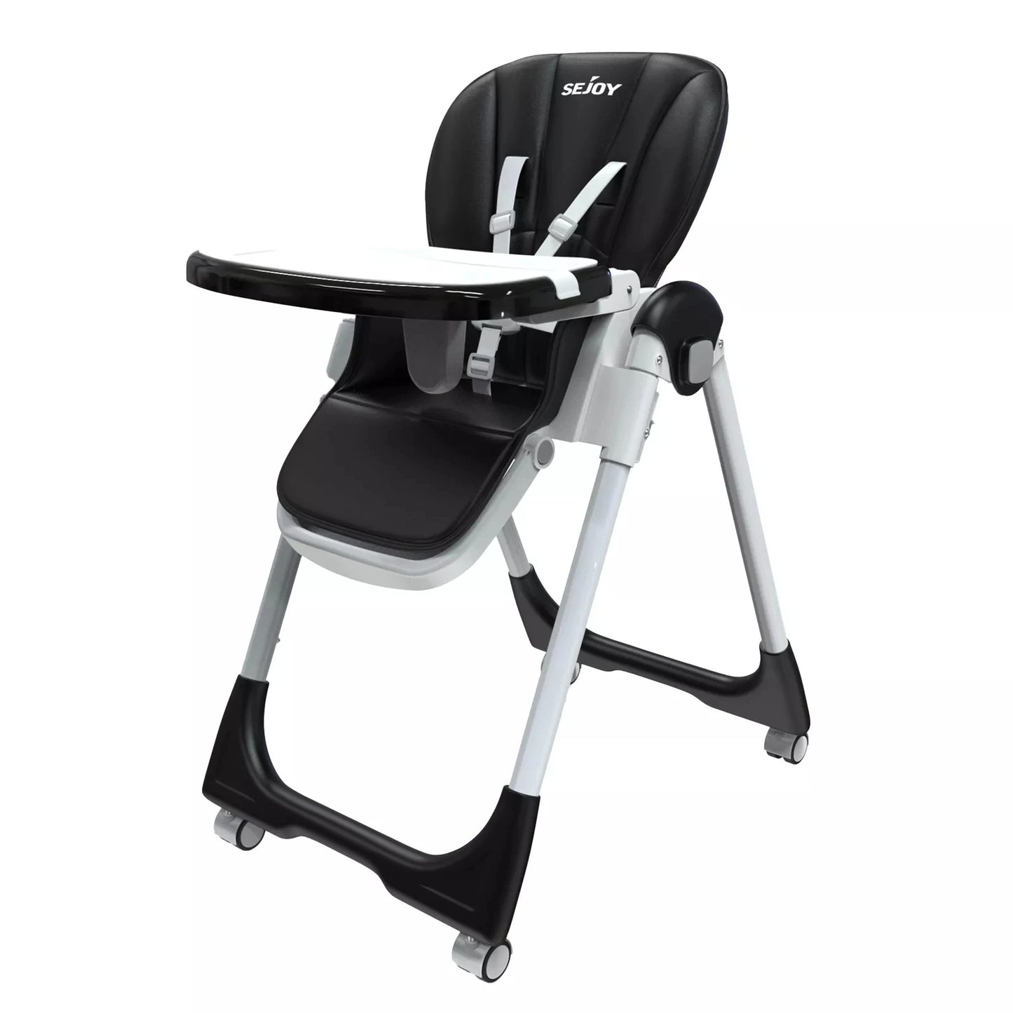 Baby High Chair Foldable Highchair Adjustable Backrest Double Removable Tray Detachable PU Leather Cushion High Chair for