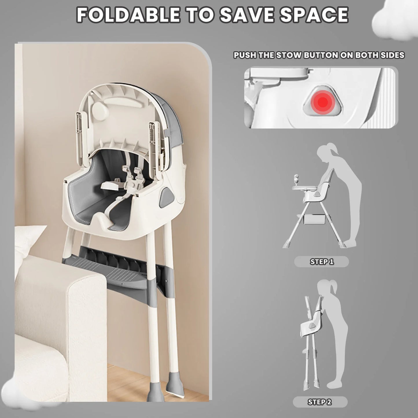 Baby High Chair Foldable – Feeding Seat with Toy Rack & Large Anti-Slip Pad