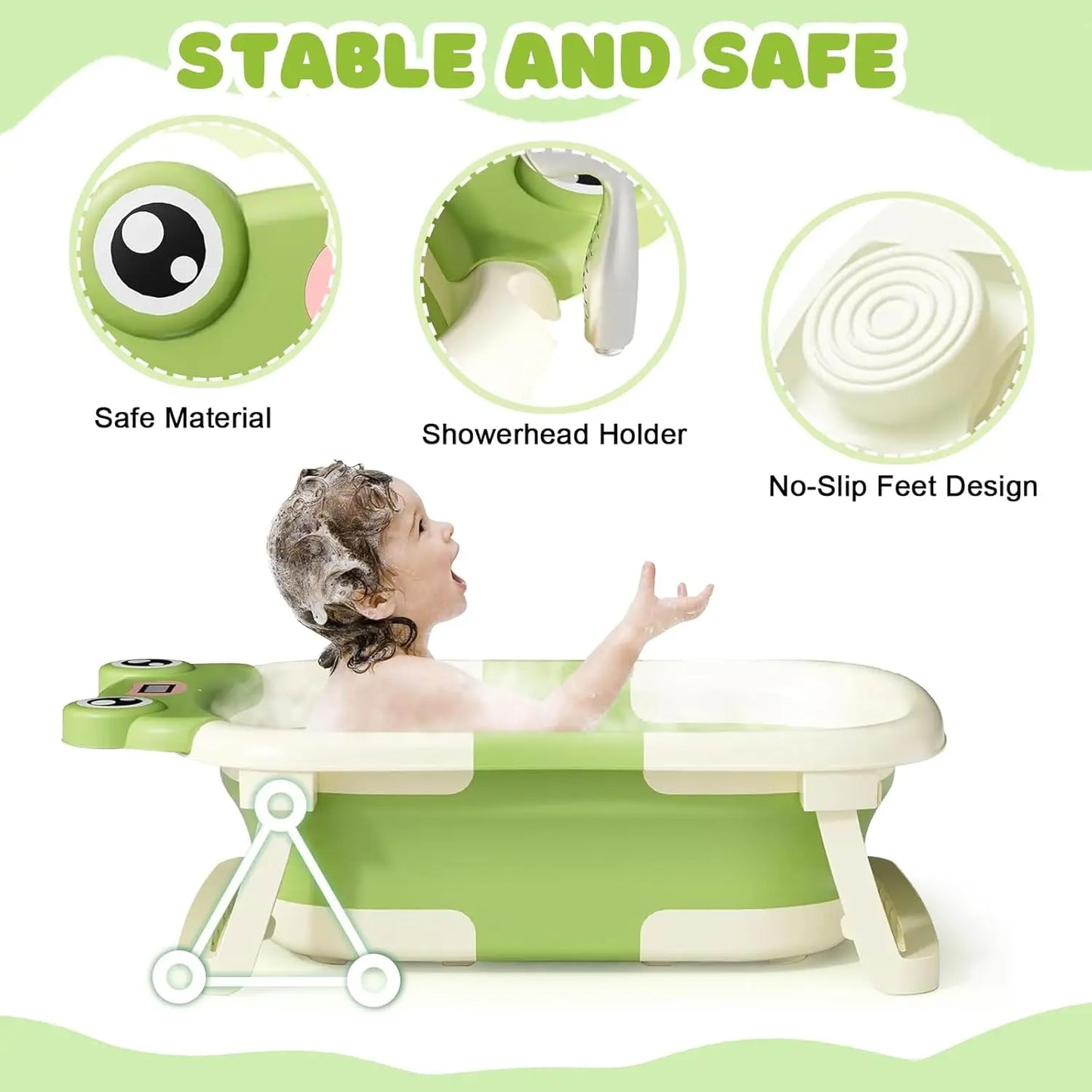 Eco-friendly Baby BathTub with Bath Cushion,Foldable Bathtub Portable with Temperature Indicator Infant Tub for 0-36 Months Baby