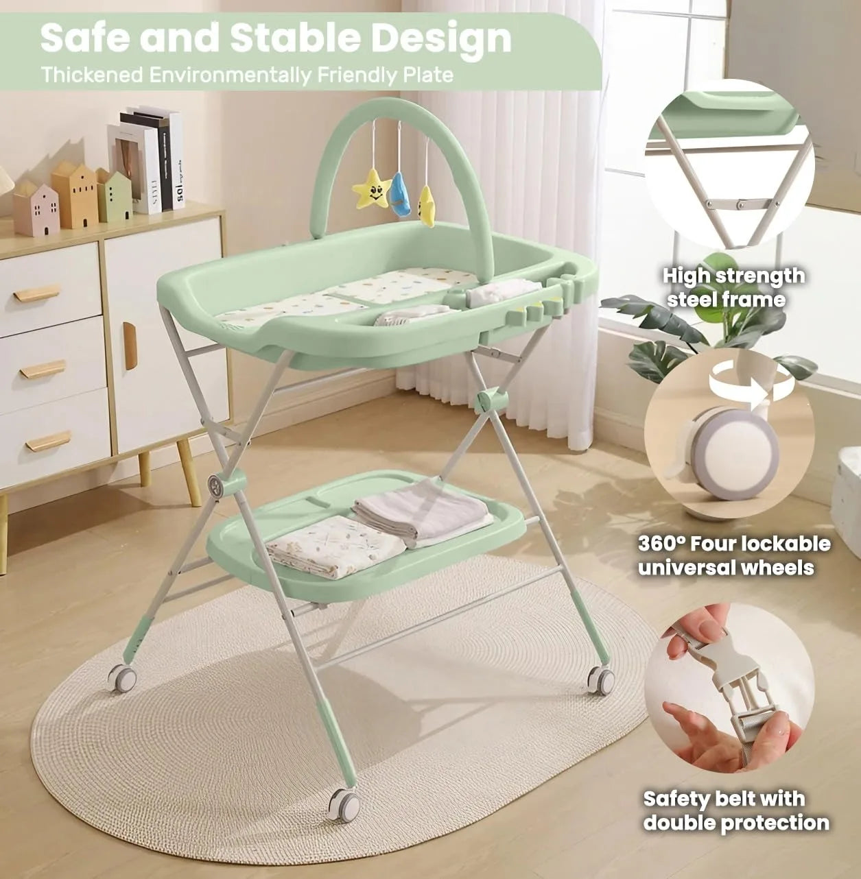 Folding Baby Changing Table – Portable Diaper Station with Wheels & Adjustable Height