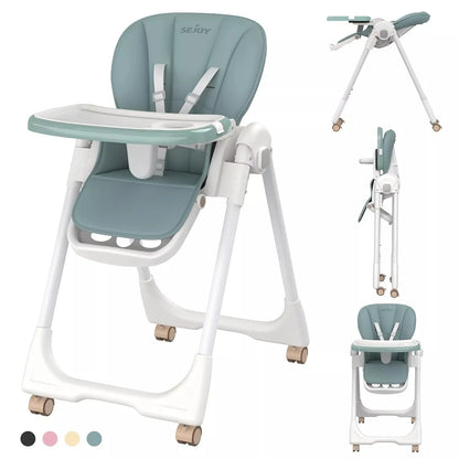 Baby High Chair Foldable Highchair Adjustable Backrest Double Removable Tray Detachable PU Leather Cushion High Chair for