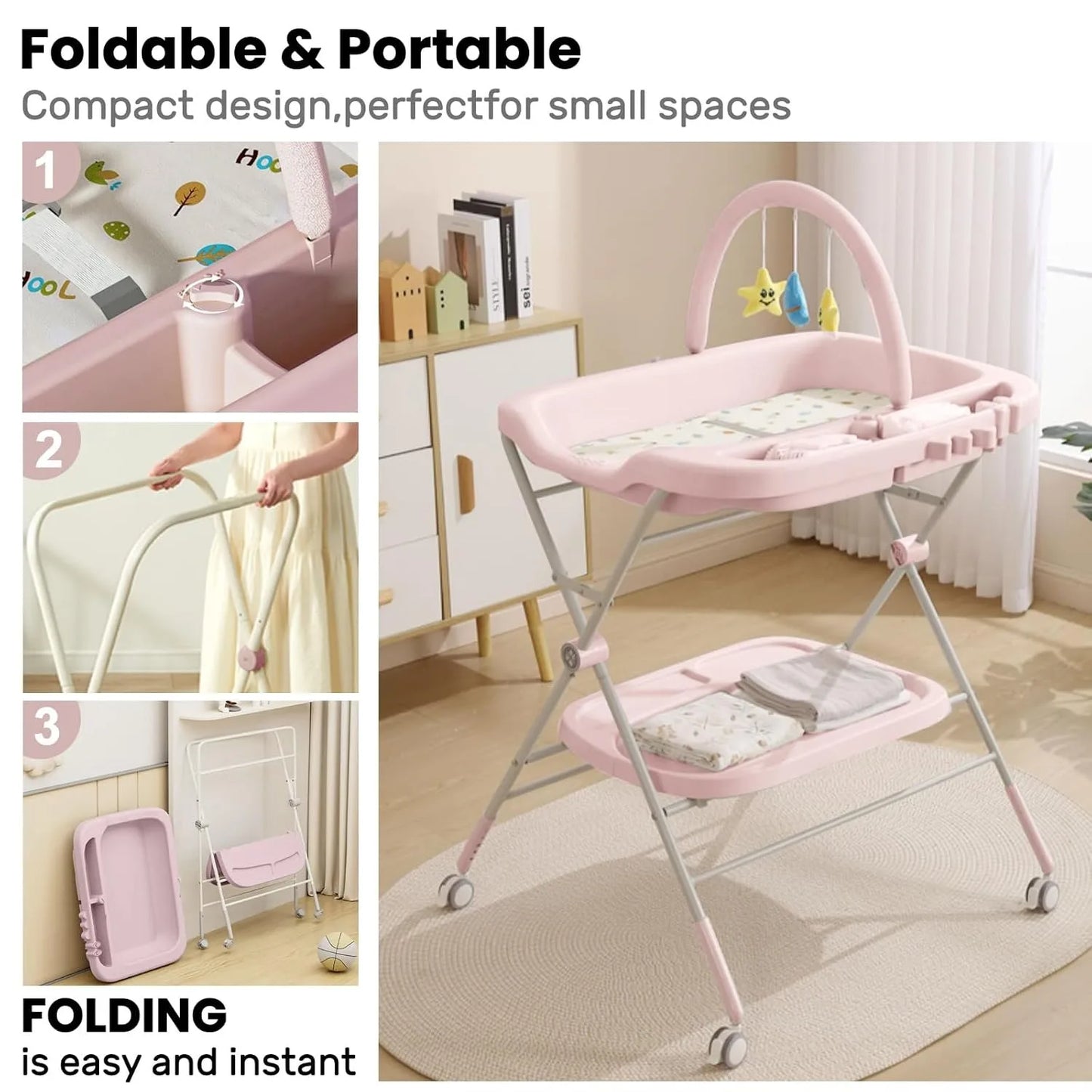 Folding Baby Changing Table – Portable Diaper Station with Wheels & Adjustable Height