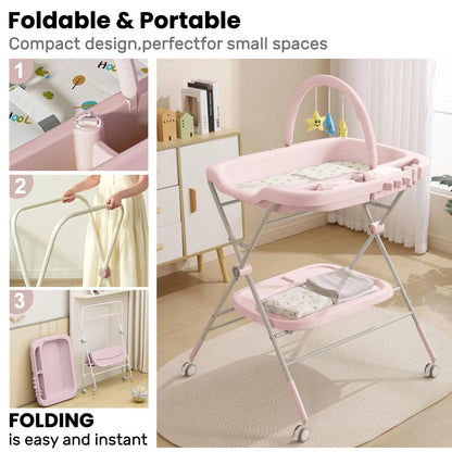 Folding Baby Changing Table – Portable Diaper Station with Wheels & Adjustable Height
