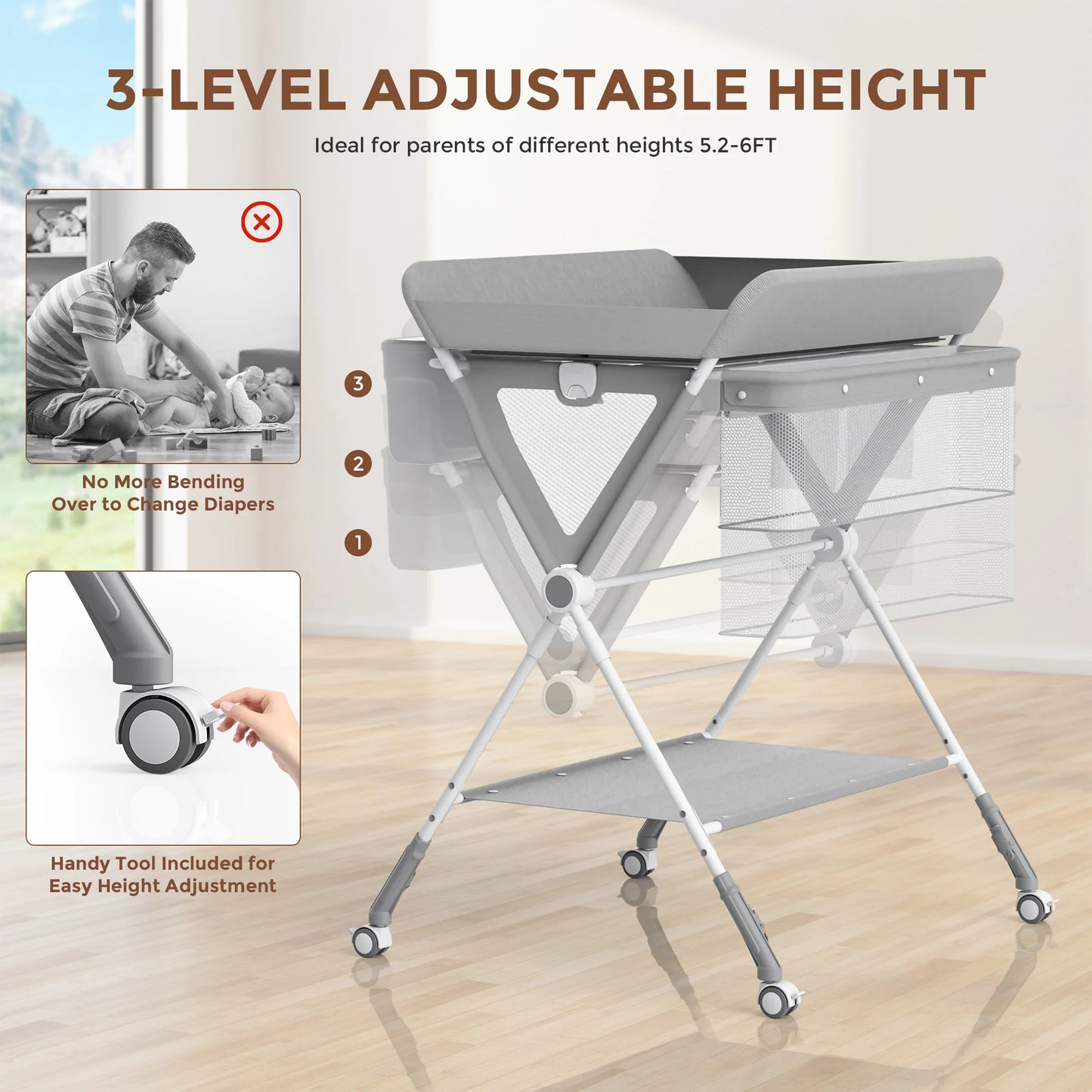 Portable Baby Changing Table – Foldable Diaper Station with Wheels & Adjustable Height