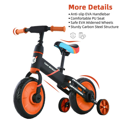 4-in-1 Balance Bike – Tiny Scout with Adjustable Seat, Pedals & Training Wheels - (3 to 5 Years)