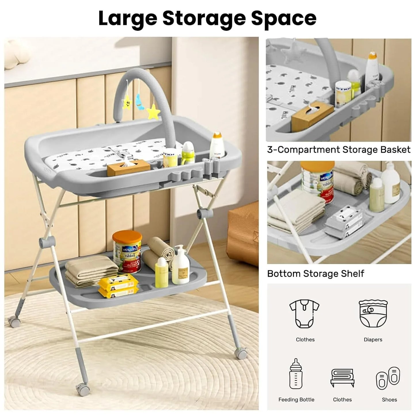 Folding Baby Changing Table – Portable Diaper Station with Wheels & Adjustable Height