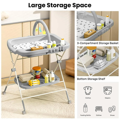 Folding Baby Changing Table – Portable Diaper Station with Wheels & Adjustable Height