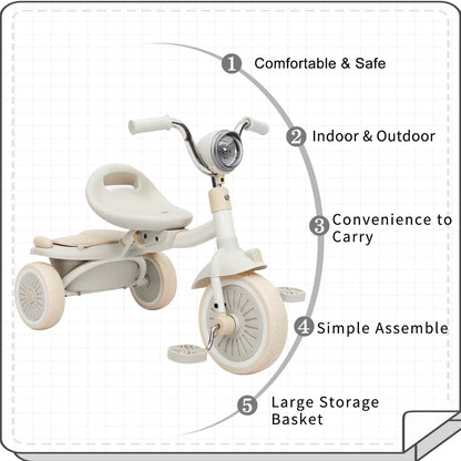 3-Wheel Foldable Tricycle – Pedals, Cool Lights & Elastic PU Wheels for Toddlers