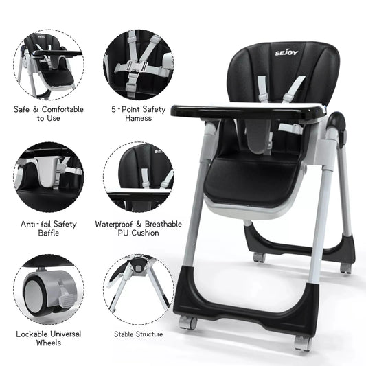 Baby High Chair Foldable Highchair Adjustable Backrest Double Removable Tray Detachable PU Leather Cushion High Chair for