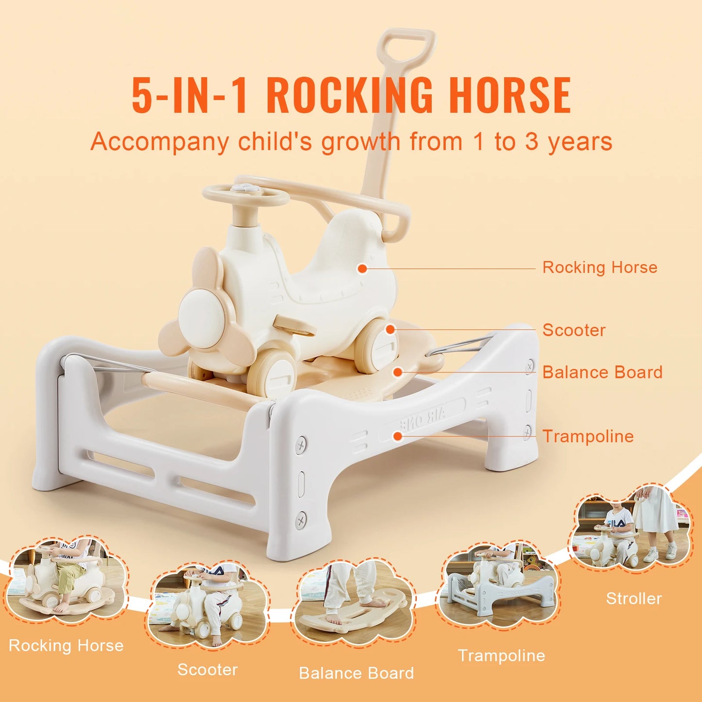 SucceBuy 5 in 1 HDPE Rocking Horse for Toddlers 1-3 Years, Baby Rocking Horse with Trampoline Detachable Balance Board