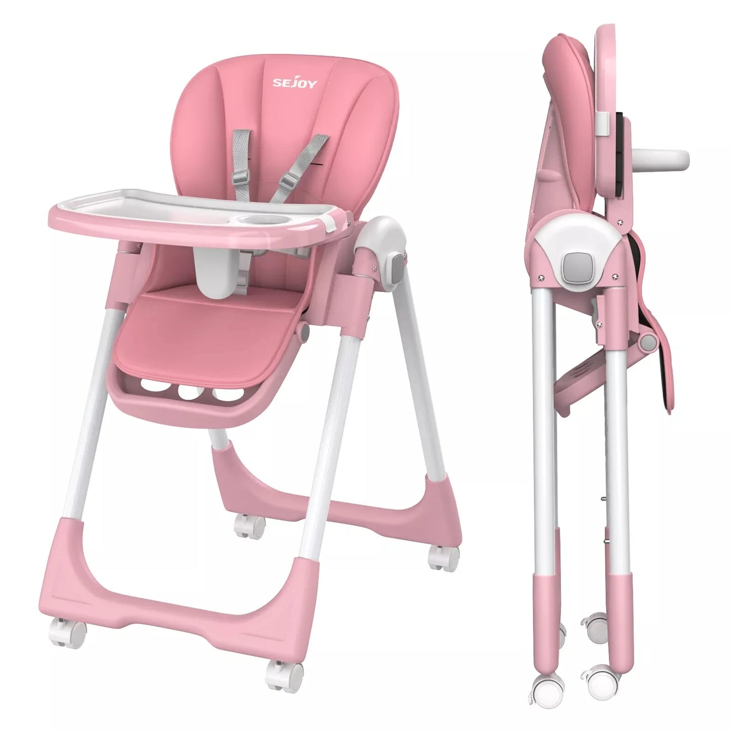 Baby High Chair Foldable Highchair Adjustable Backrest Double Removable Tray Detachable PU Leather Cushion High Chair for