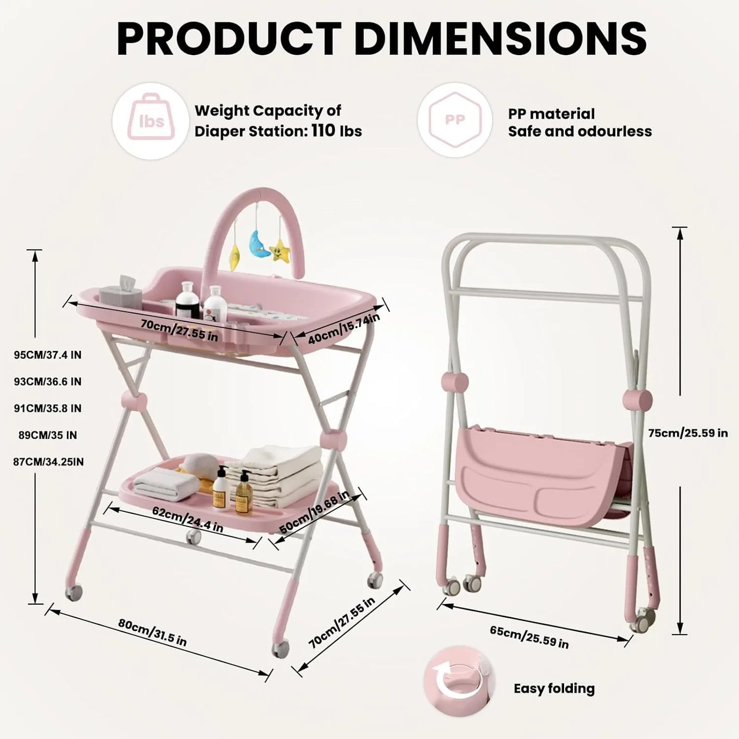 Folding Baby Changing Table – Portable Diaper Station with Wheels & Adjustable Height