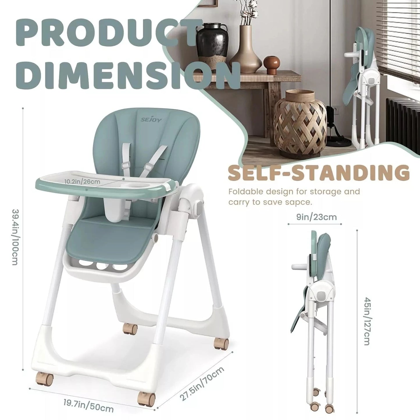 Baby High Chair Foldable Highchair Adjustable Backrest Double Removable Tray Detachable PU Leather Cushion High Chair for