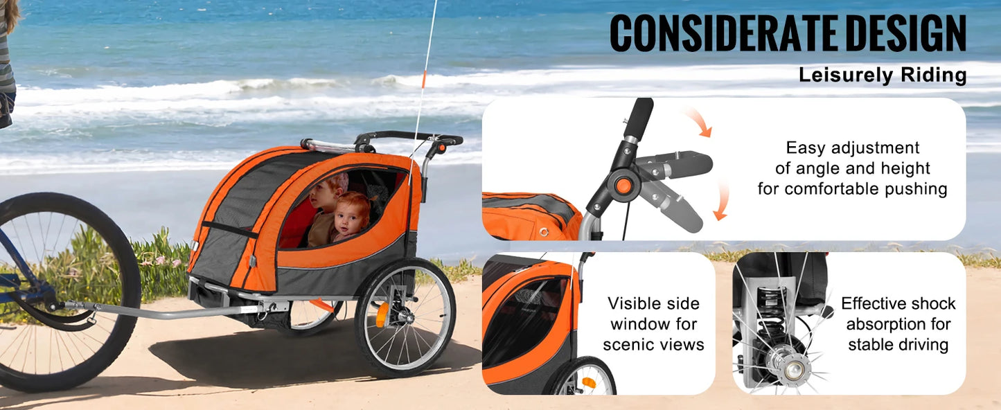 Kids Bike Trailer & Stroller – SucceBuy 2-Seater, Foldable, Heavy-Duty Design