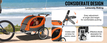 Kids Bike Trailer & Stroller – SucceBuy 2-Seater, Foldable, Heavy-Duty Design