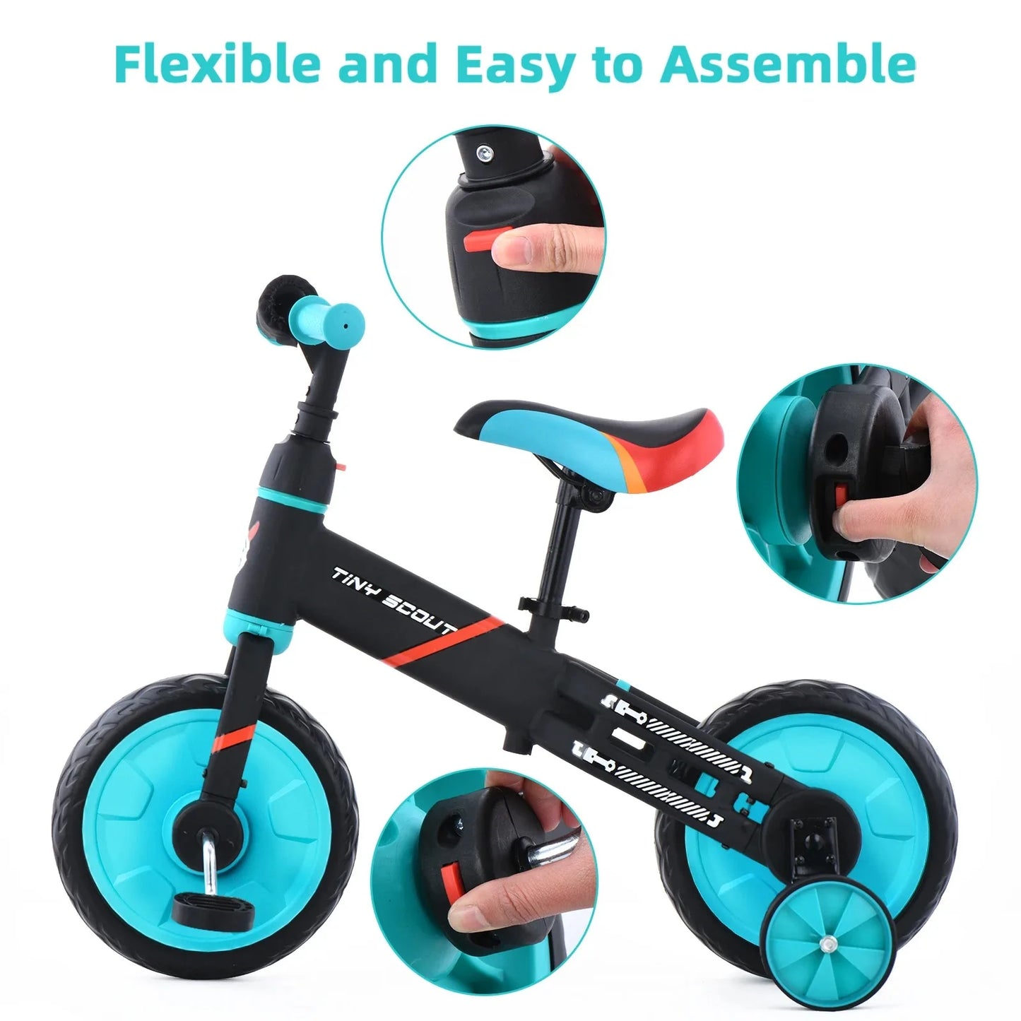 4-in-1 Balance Bike – Tiny Scout with Adjustable Seat, Pedals & Training Wheels - (3 to 5 Years)