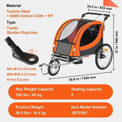 Kids Bike Trailer & Stroller – SucceBuy 2-Seater, Foldable, Heavy-Duty Design