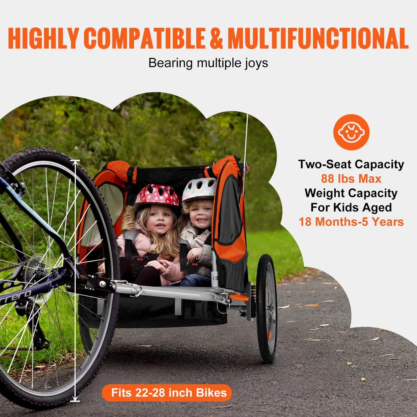 Kids Bike Trailer & Stroller – SucceBuy 2-Seater, Foldable, Heavy-Duty Design