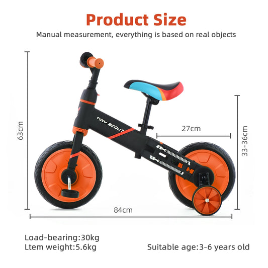 4-in-1 Balance Bike – Tiny Scout with Adjustable Seat, Pedals & Training Wheels - (3 to 5 Years)