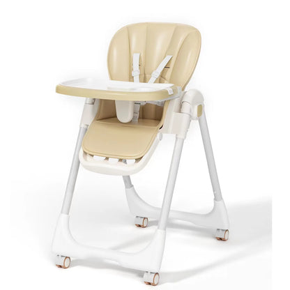 Baby High Chair Foldable Highchair Adjustable Backrest Double Removable Tray Detachable PU Leather Cushion High Chair for