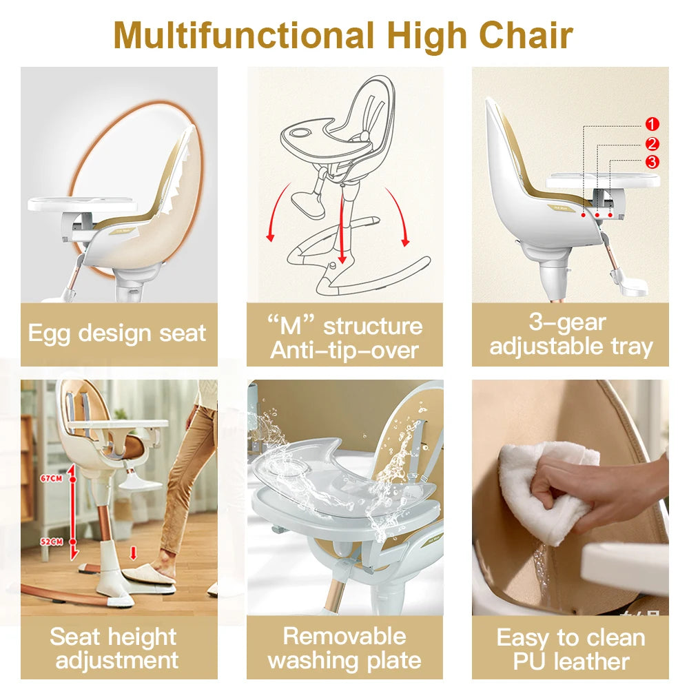 Baby High Chair by Hot Mom – PU Leather Cushion, Adjustable Seat & Removable Tray