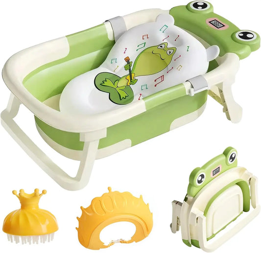 Eco-friendly Baby BathTub with Bath Cushion,Foldable Bathtub Portable with Temperature Indicator Infant Tub for 0-36 Months Baby
