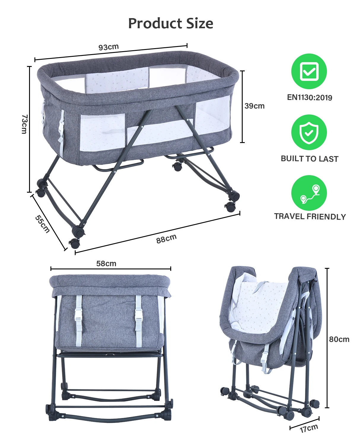 Grab-and-Go Baby Crib – Travel-Friendly Rocking Cot with Mattress and Silent Wheels