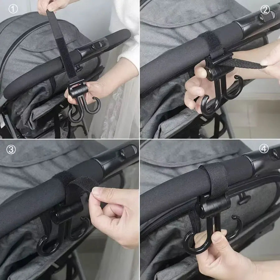 Baby Stroller Hooks – 360° Swivel, Heavy-Duty Adjustable Clips