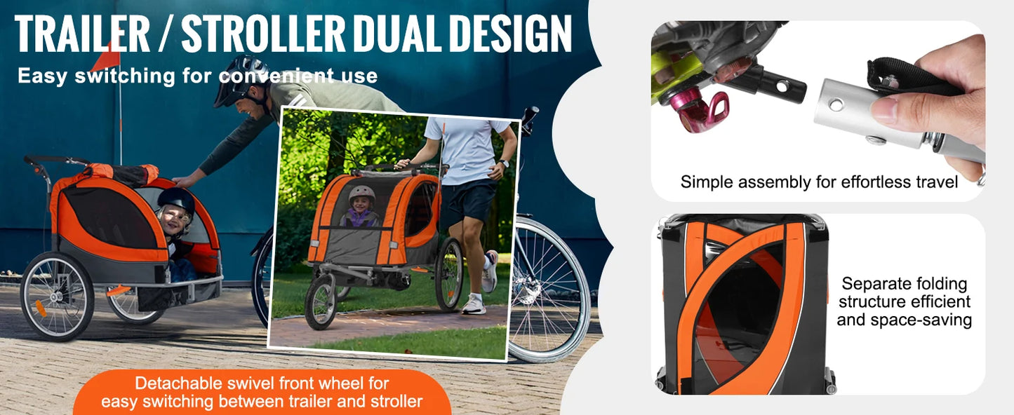 Kids Bike Trailer & Stroller – SucceBuy 2-Seater, Foldable, Heavy-Duty Design