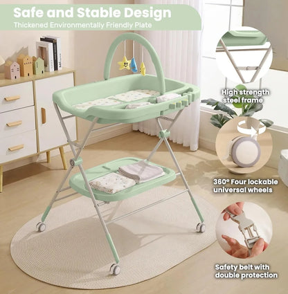 Folding Baby Changing Table – Portable Diaper Station with Wheels & Adjustable Height
